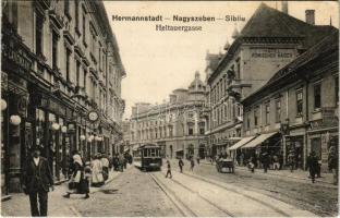 1915 Nagyszeben, Hermannstadt, Sibiu; Heltauergasse, Hotel Römischer Kaiser / Nagydisznódi utca, szálloda, Jul. Rosenthal és Landmann üzlete, villamos. J. Bein kiadása / street, hotel, shops, tram (EK)