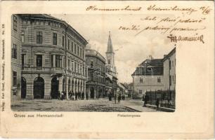 1905 Nagyszeben, Hermannstadt, Sibiu; Fleischergasse / Hentes utca, templom. Karl Graef kiadása / street view, church (EB)