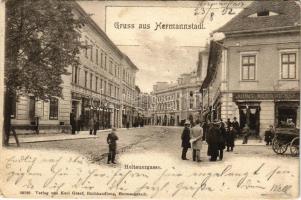 1902 Nagyszeben, Hermannstadt, Sibiu; Heltauergasse / Nagydisznódi utca, Julius Wermescher (azelőtt R. Nuridsan) és Carl Landmann üzlete, Hotel Transsylvania szálloda. Karl Graef kiadása / street view, shops, hotel (Rb)