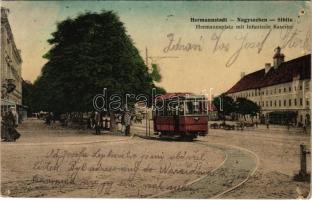 1913 Nagyszeben, Hermannstadt, Sibiu; Hermannsplatz mit Infanterie Kaserne / Hermann tér, Osztrák-magyar gyalogsági laktanya, villamos. J. Bein kiadása / square, K.u.K. military infantry barracks, tram (lyukak / pinholes)