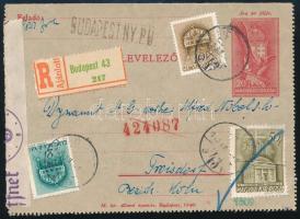 1940 Díjkiegészített díjjegyes zárt levelezőlap ajánlott küldeményként Németországba, ott cenzúrázva