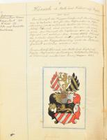 cca 1900 Családtörténeti gyűjtemény, több mint 30 kézzel rajzolt, nagyrészt színes címer, hozzá felj...