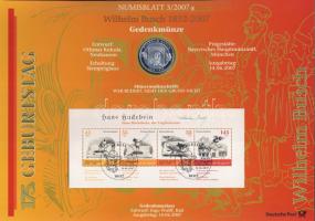Németország 2007. 10€ Ag "Wilhelm Busch" nagyalakú emlékíven elsőnapi bélyegzős bélyegcsíkkal T:BU