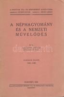 Györffy István: A néphagyomány és a nemzeti művelődés. Budapest, 1942. Államtudományi Intézet Táj- és Népkutató Osztálya (,,Élet" ny.) 92 p. Györffy István néprajztudós ebben a posztumusz kiadott munkájában a néprajz előtt álló nemzetpedagógiai feladatokat jelöli ki. A szerző a néphagyományok tudatos felelevenítését szorgalmazza, a mű előszava szerint ugyanis az Anschluss után a terjeszkedő Német Birodalom tőszomszédságába jutó magyarság megmaradásához feltétlenül szükséges, hogy a megmaradást szolgáló néphagyományait összeegyeztesse a modern élettel. A munka továbbá egy szabadtéri néprajzi múzeum (,,Skanzen") felállítását is javasolja, mégpedig a Néprajzi Múzeum tőszomszédságában, a Népligetben. A munka első kiadása 1938-ban jelent meg, példányunk a harmadik kiadástól való. (A Magyar Táj- és Népismeret könyvtára. 1. kötet.) Fűzve, kiadói borítóban. Jó példány.