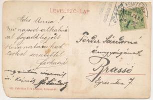 1908 Kolozsvár, Cluj; Mátyás király tér, hirdetőoszlop, takarék betétek és kávé üzlet. Fabritius Eri...