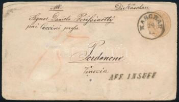186... 15kr díjjegyes boríték Kassáról Pordenonéba, elégtelen bérmentesítés miatt portóelőjegyzéssel