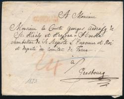 1823 Korábbi levél borítékként felhasználva 24kr portóval, piros ROSENAU - Presbourg