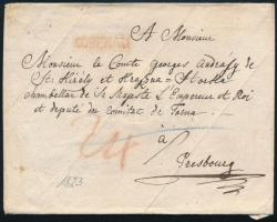 1823 Korábbi levél borítékként felhasználva 24kr portóval, piros &quot;ROSENAU&quot; - Presbourg