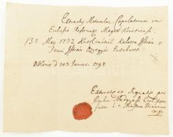 1798 Nagykőrös, házassági anyakönyvi kivonat pecséttel