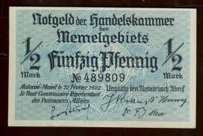 Német Önálló Területek/Memelgebiet 1922. 1/2M hatjegyű számmal T:I