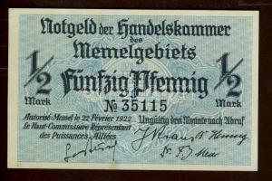 Német Önálló Területek/Memelgebiet 1922. 1/2M ötjegyű ritka variáns T:I