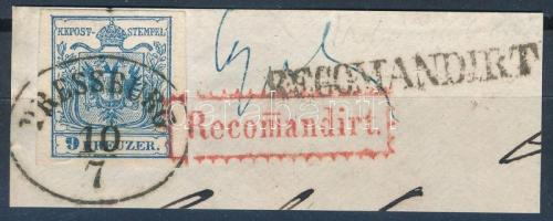 1850 9kr HP IIIa. kivágáson külföldre küldött levélből / on cutting. PRESSBURG + 2 különböző / 2 different RECOMANDIRT postmark. Signed: Ferchenbauer (ex Demuth)