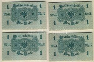 Német Birodalom/Császárság 1914. (1917.) 1M piros pecséttel (4x)egymásutáni illetve kevés ugrású sorszámokkal, elő és hátlapi alsó fehér csíkkal + hátlapi nyomat erősen felcsúszva T:I