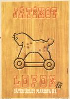 cca 1940-47 Játékot Lopostól, Játéküzlet Piarista u. 1., dekoratív illusztrált reklám plakát, papír, Schelling jelzéssel a plakáton, Klösz R.t., lapszéli apró folttal és szakadással, hátoldalán korabeli kézzel írt kommunista propaganda szöveggel, 24x17 cm