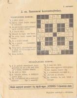 cca 1930 Szerencsi keresztrejtvény I. sorozat/2.sz., megfejtési szabályok a hátoldalon, "Gyártmányainkhoz 1-5 sorszámmal ellátott 5 különféle keresztrejtvényt mellékelünk..." ; hajtott, m: 12x15cm 1 db