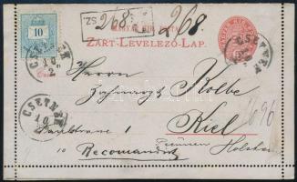 ~1890 5kr díjjegyes zárt levelezőlap Színes számú 10kr díjkiegészítéssel ajánlott küldeményként CSETNEK - KIEL / Németország