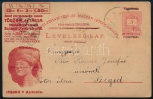 1906 Török Bankház Antonia reklámfelülnyomású milleniumi díjjegyes képeslap 5f Turul bérmentesítéssel felhasználva (bélyeg eltávolítva / stamp missing)