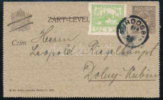 1919 20f díjjegyes zárt levelezőlap 5h csehszlovák díjkiegészítéssel TURDOSSIN - Dolny Kubin
