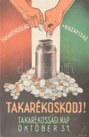 "Takarékosság=hazafiság, Takarékoskodj!" takarékossági nap reklámlap nemzeti színekben, Gönczi-Gebhardt Tibor (1902-1994) grafikája, kétoldalas,13,5×9,5 cm