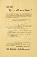 cca 1930 Fiúk! Éljen a klikkrendszer? Szavazzatok a Szentandrássy-pártra! röplap, szakadással