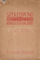 Székely fonó. Kodály Zoltán daljátéka. (A daljáték zenéjének és szövegének ismertetése.) (Budapest), [1942]. ,,Élet Irodalmi és Nyomda Rt. [12] p. Kodály Zoltán népdalokból alkotott daljátékát, a Székely fonót 1932-ben mutatta be a budapesti Operaház. Az oldalszámozás nélküli oldalakon a daljáték kottái és ismertetői, szövegközti rajzokkal illusztrálva, a belső és a hátsó borítón részletek Kodály Zoltán zenei esszéiből: ,,Ha a nemzeti klasszicizmus annyi, mint egy nemzet lelkét tökéletes kormában kifejezni: akkor eddig klasszikus magyar zenét másban, mint a néphagyomány néhány ezer dalában nem találunk. [...] Vajjon hány érettségizett magyar tudná külföldi vendégét pontosan felvilágosítani: mi az, amit a cigánytól hall, s mi van itt még azon kívül? A magyar közönség látókörét tágítani kellene, de Magyarország felé is. A cigány: a legjava is: félművész, akkor van igazán elemében, ha félművészetet játszik. Magyar tánczenét, ,,talp alá valót alig lehet jobban előadni. Már az érzelmes dalokban nem tudom, hány magyar vállalja azt a nyivákoló, vinnyogó, a folytonos csúsztatás következtében betegesen érzelgős hangot, ami inkább a sátoros cigányok kocsi után futó rimánkodását fejezi ki, mint a magyar karaktert. [...] Ne csak külsőségekben legyen magyar a mi kis világunk, hanem a lelkek mélyéig, mert csak így lesz igazán a mienk. A lelkek mélye pedig különösen a zene országa. Ha ott idegen az út, hiába lobogtatunk zászlót, hiába rikoltozunk irredenta dalokat... idegenszerű dallamokra - mégis elveszünk. A címoldalon régi katalógusszám, az első borítón egykori katalóguscímke maradványai. (Éneklő ifjúság.) Fűzve, illusztrált, enyhén sérült kiadói borítóban. Jó példány.