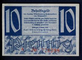 Németország/Szövetséges megszállás/Francia zóna/Württemberg-Hohenzollern Finanzministerium 1947. 10Pf T:II