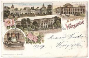 1897 (Vorläufer!) Warszawa, Warschau, Warsaw, Varsó; Le Chateau a Vilanov, Succursale de la Banque Impériale, Monument Copernicus, Université / castle, bank, monument, university. Carl Sommer, Impr. Louis Glaser Art Nouveau, floral, litho (EB)