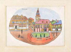 Fejes Imre (Emerik, 1904-1969): Zombori részlet. Vegyes technika, papír, jelzett, üvegezett fakeretben, 35×50 cm