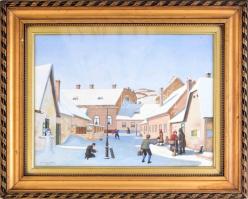 Drippey Béla (1879-?): Téli utca 1928. Akvarell, papír. Jelzett. Üvegezett fa keretben 30x40 cm