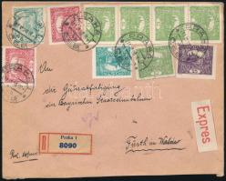 1920 Ajánlott expressz levél 10 db bélyeggel bérmentesítve / Registered express cover with 10 stamp PRAHA
