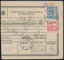 1919 Csehszlovák csomagszállító 2 db bélyeggel, EPERJES túlélő bélyegzéssel / Czechoslovakia parcel card with Hungarian postmark