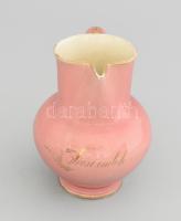 Zsolnay rózsaszín mázas kancsó. Pécsi emlék. Aranyozott, jelzett, XIX. sz. vége, kis kopással 12 cm