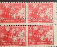 Románia Pentru Sinistrati 1Leu segélybélyeg négyestömb elfogazva / Romania 1Leu charity stamp block ...