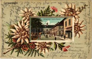 1907 Germersheim, Ludwigstrasse, Kaserne Seyssel / street view, German military barracks. Art Nouveau, Floral, Emb. litho (pinholes)