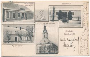 1918 Bodóhegy, Bodonci; Ágostai evangélikus templom és iskola, postahivatal, Obál Sándor vendéglője, étterem, téli képek / Lutheran church and school, post office, restaurant, winter (fl)