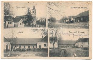 1912 Berzétemonostor, Nustar; Zupna crkva, Skola, Fvor grofa Khuena / Plébániatemplom, Iskola, Fő utca, üzlet, Khuen kastély / parish church, school, main street, shop, castle. A. Gomercic fotograf (Rb)