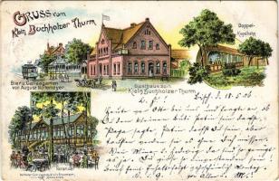 1906 Klein-Buchholz (Hannover), Gruss vom klein Buchholzer Turm, Bier u. Caffeegarten von August Noltemeyer, Gasthaus zum Klein Buchholzer Thurm, Doppel-Kegelbahn, Veranda / inn, restaurant, tram, bowling alley. Art Nouveau, litho (small tear)