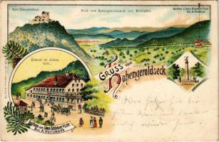 1904 Seelbach, Gruss vom Hohengeroldseck. Ruine Hohengeroldseck, Blick vom Hohengeroldseck ins Kinzigthal, Gasthaus zum Löwen (Schönberg b. Lahr), Ludwigstein / castle ruins, valley, inn, monument. Art Nouveau, floral, litho (fl)