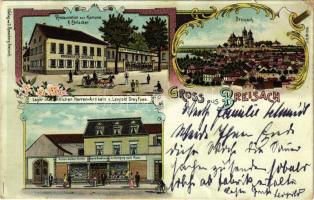 1902 Breisach am Rhein, Restauration zur Kanone K. Ehrlacher, Lager in sämtlichen Herren-Artikeln v. Leopold Dreyfuss / restaurant, shop. Art Nouveau, floral, litho (Rb)