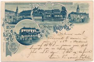 1901 Károlyváros, Karlovac; Pravoslavna crkva, Gradsko kupaliste, katolicka crkva, na Korani, Ljekarna "K crnom orlu" / Orthodox and Catholic churches, spa, pharmacy. J. Sagana Art Nouveau, floral, litho (EK)