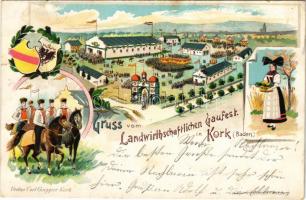 1905 Kork (Kehl), Gruss vom Landwirthschaftlichen Gaufest. Art Nouveau, floral, litho with coat of arms (small tears)