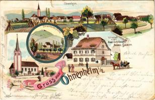 1902 Ohnenheim, Kirche, Wirtschaf zu den Zwei Schüsseln (Andrée Schmitt), Ohnenheimer Mühle / general view, church, mill, hotel. Art Nouveau, floral, litho (tear)