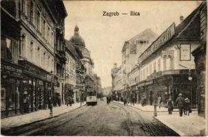 1925 Zagreb, Zágráb; Ilica, delikatesa i vina, Tirinc, Optik, Englezki Magazin / utca, villamos, üzletek. Vasúti levelezőlapárusítás 4810. / street, shops, tram (EK)