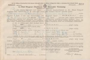 Az Első Magyar Általános Biztosító Társaság (Budapest, IV. Vigadó-tér 1.) kötvénye ,,Nagyságos Schae...