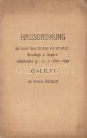 Hausordnung der unter dem Schutze der ehrwdgs.: Grossloge v. Ungarn arbeitenden g.: u.: v.: Fmr.:-Loge Galilei im Oriente Budapest. (A Galilei szabadkőműves páholy német nyelvű házirendje.) [Budapest, 1902]. (Károlyi György [ny.]) 8 p. Dokumentumunk az 1900-as évek elején és különösen az 1918-as forradalmakban nagy hírnévre szert tett társadalommérnöki egylet belső házirendje. A számos polgári radikálist, Jászi Oszkárt és elvtársait tömörítő egylet a Tanácsköztársaság idején a betiltás sorsára jutott, majd ugyanez az intézkedés megismétlődött 1920-ban is: társadalommérnökségi tevékenységüket a felálló Horthy-adminisztráció sem nézte jó szemmel. [A Galilei páholy egyike az 1990 után újraalakuló szabadkőműves társulatoknak.] Dömölki 0. Fűzve, kiadói papírborítóban, jó példány. Ritka.