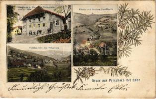 1907 Prinzbach bei Lahr (Biberach), Gasthaus z. Blume u. Postagentur von A. Eble, Kirche und Schloss Geroldseck, Totalansicht / inn, church, castle, general view. Art Nouveau, floral (EB)