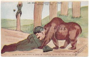 Les Deux Compagnons et L&#039;Ours (Edition 1940-1944). Il ne tout pas vendre la peau de l&#039;URSS qu&#039;on ne l&#039;ait mis par terre / Második világháborús náciellenes gúnyos propaganda a nagy szovjet medvével / WWII anti-Nazi military mocking propaganda with the Soviet bear s: O. Vilaseca (EK)