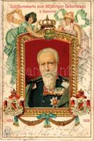 1826-1906 Jubiläumskarte zum 80-jährigen Geburtstage. Großherzog Friedrich I. von Baden / Frederick I, Grand Duke of Baden 80the birthday anniversary memorial postcard. Art Nouveau, Emb. litho (lyukak / pinholes)