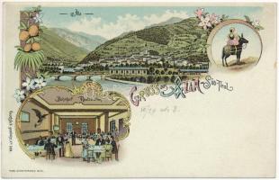 Ala, Ahl am Etsch, Halla (Südtirol); Bahnhof Restauration / railway restaurant interior. Karl Schwidernoch Art Nouveau, floral, litho (EK)