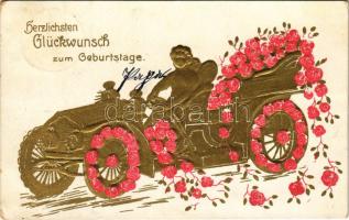 Herzlichen Glückwunsch zum Geburtstage / Birthday greeting art postcard with automobile and roses. Floral, Emb. litho (EK)